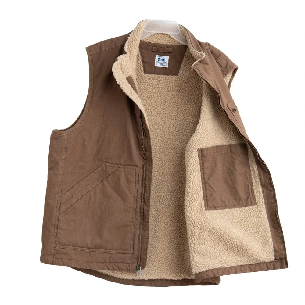 LEE Workwear XL Brown Canvas Carhartt Style Sherpa Lined Utility Duck Vest Tough